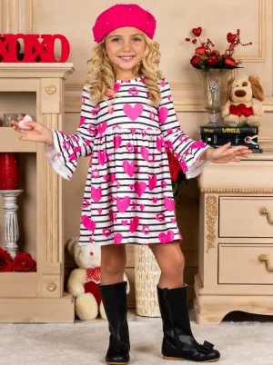 Girls Striped Heart Floral Print Ruffled Dress