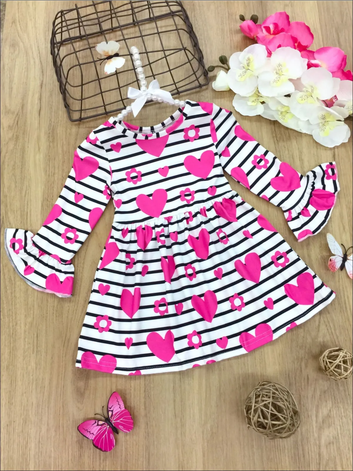 Girls Striped Heart Floral Print Ruffled Dress