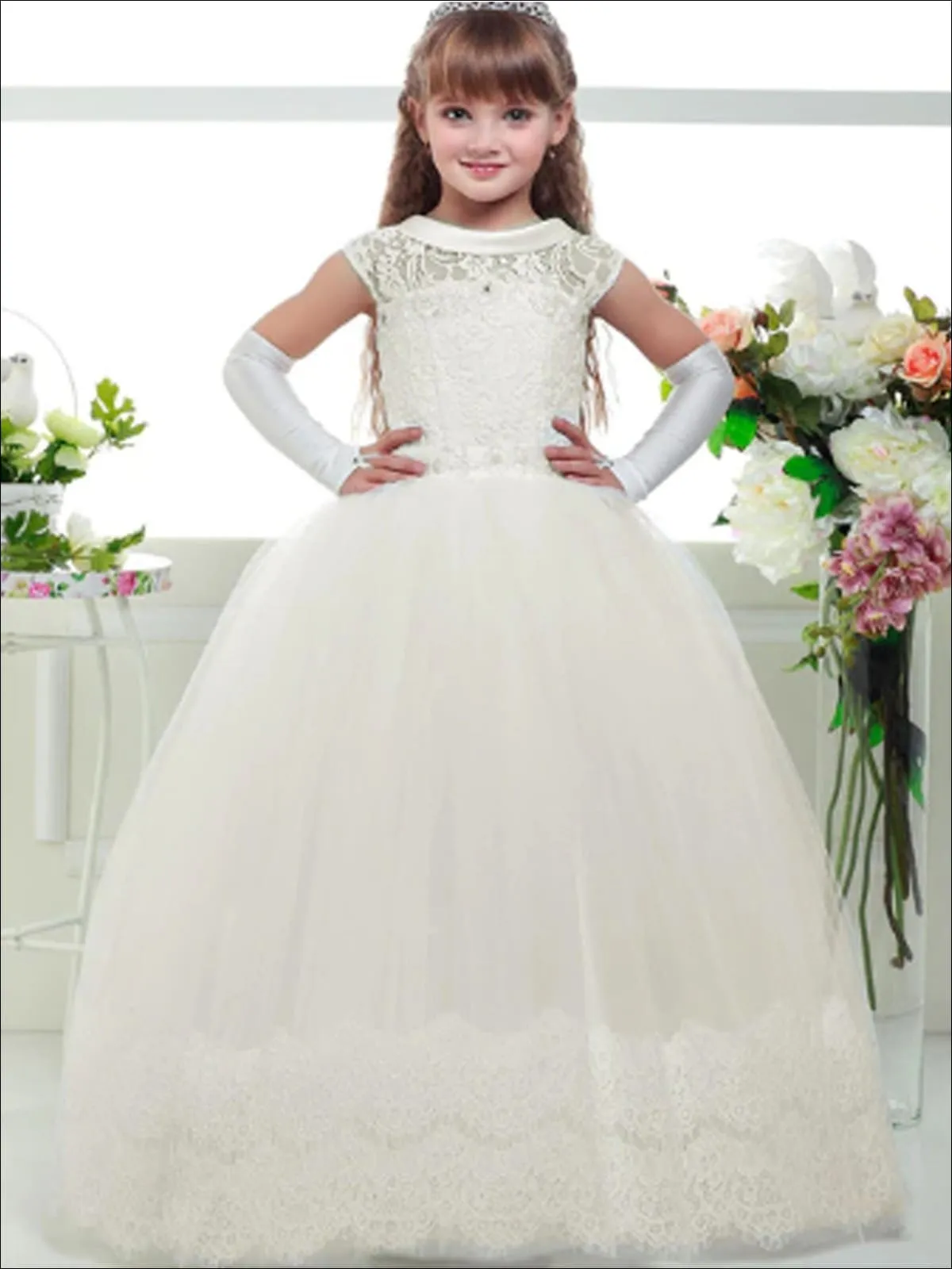 Girls White Lace-up Back Communion Gown