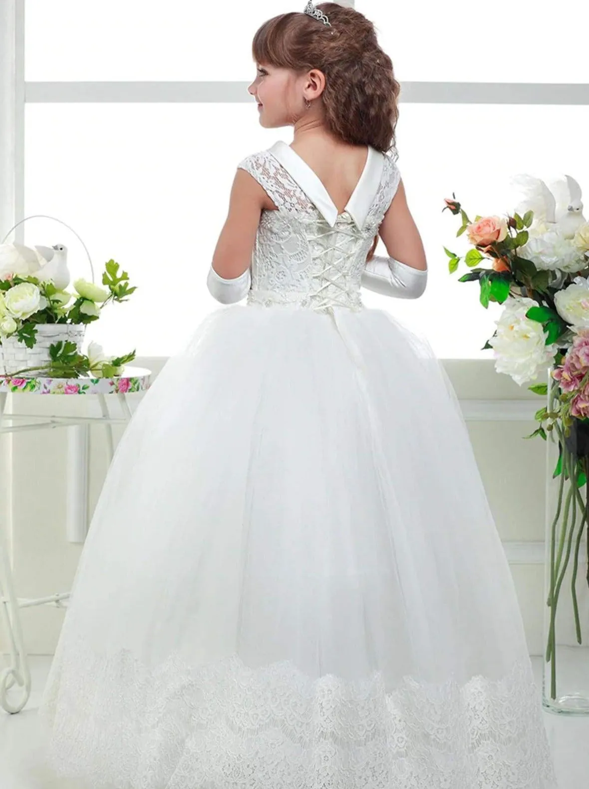 Girls White Lace-up Back Communion Gown