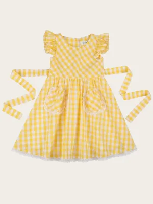 Girls Yellow Gingham Lace Hem Flutter Sleeve with Front Pocket Dress