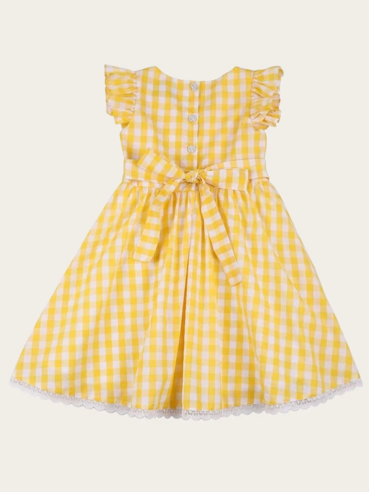 Girls Yellow Gingham Lace Hem Flutter Sleeve with Front Pocket Dress