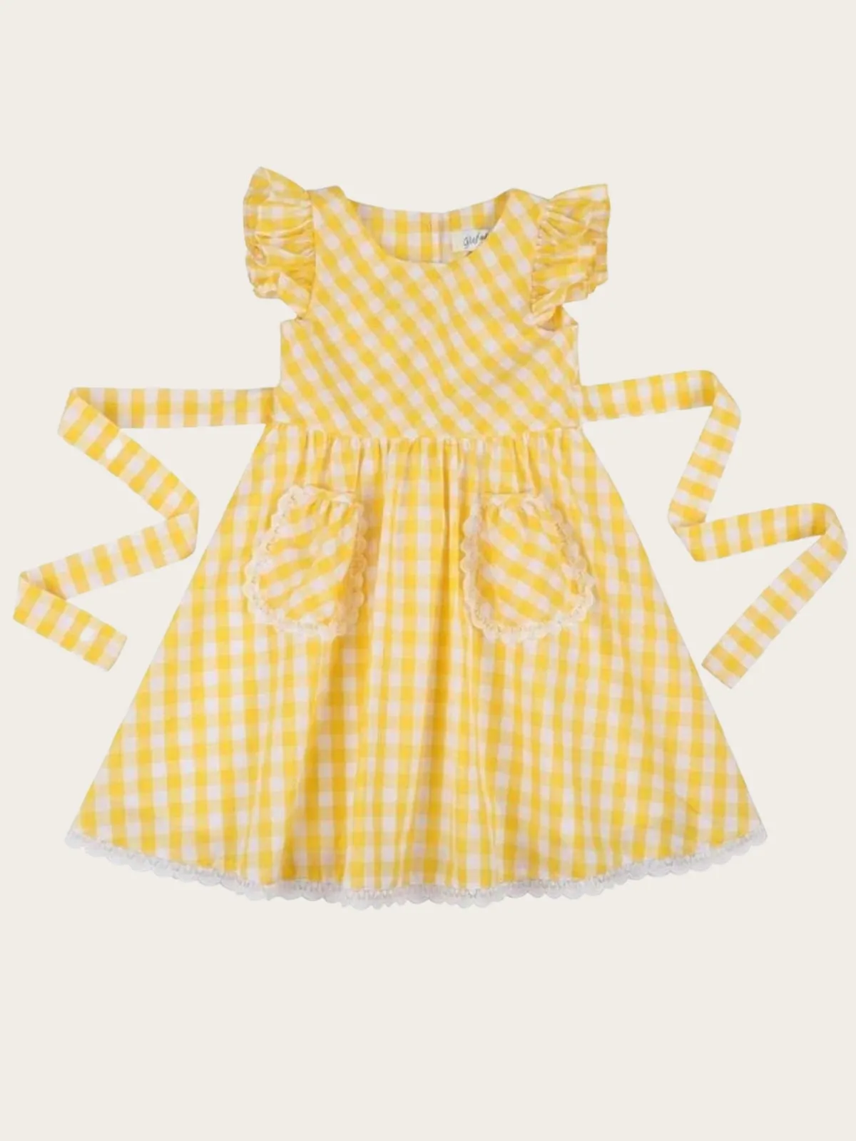 Girls Yellow Gingham Lace Hem Flutter Sleeve with Front Pocket Dress