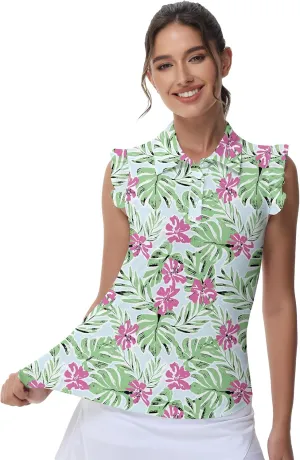 Gloryday Womens Sleeveless Golf Shirt Ruffle Sleeve Polo Shirts Moisture Wicking Golf Apparel Tennis Shirts Golf Tank Tops