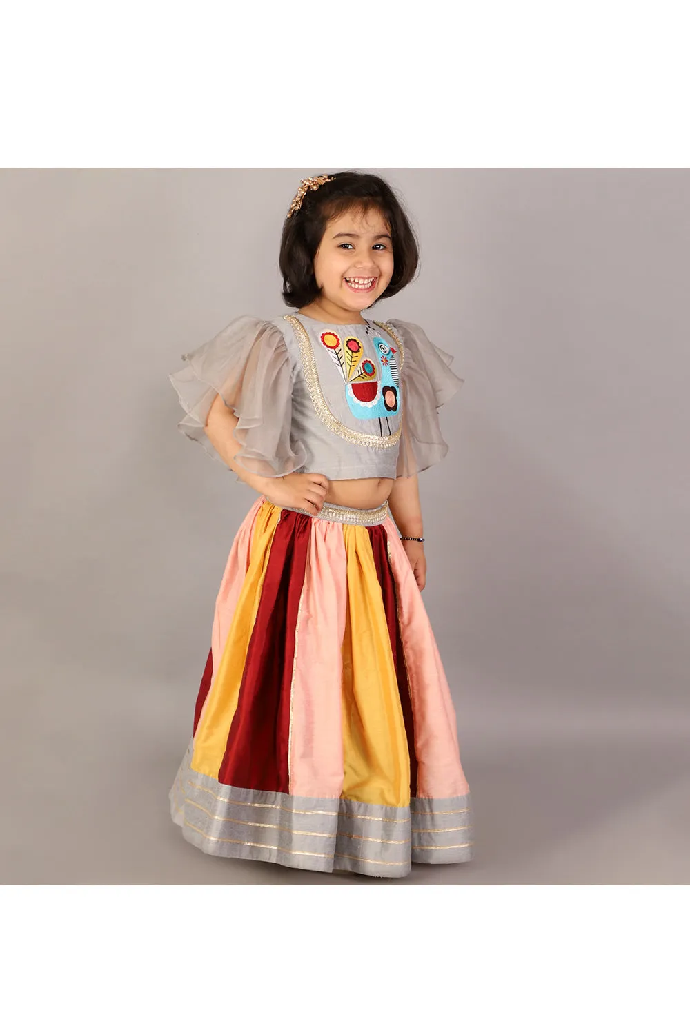 Grey Cotton Silk Peacock Embroidered Top With Multicolor Lehenga Set