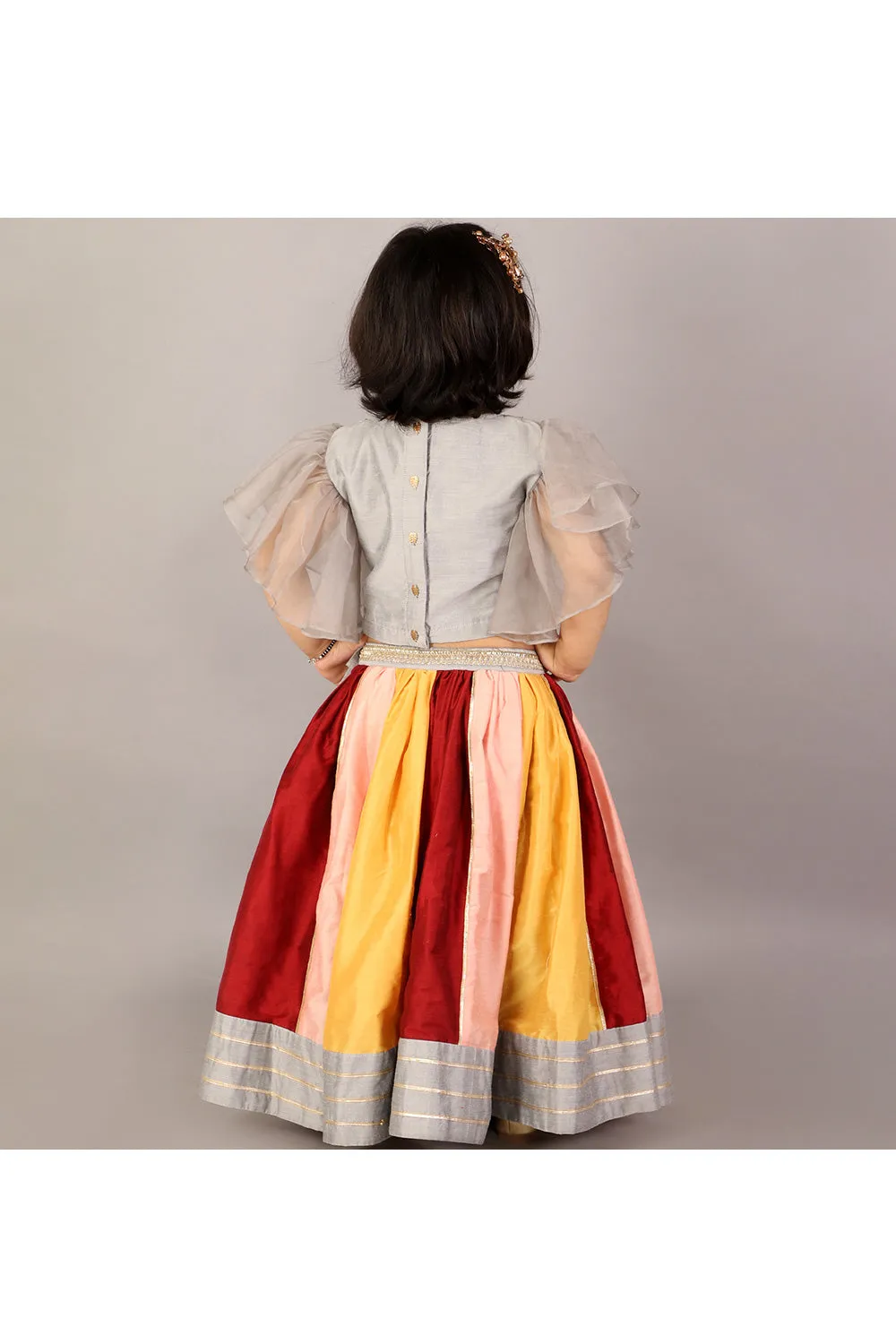 Grey Cotton Silk Peacock Embroidered Top With Multicolor Lehenga Set