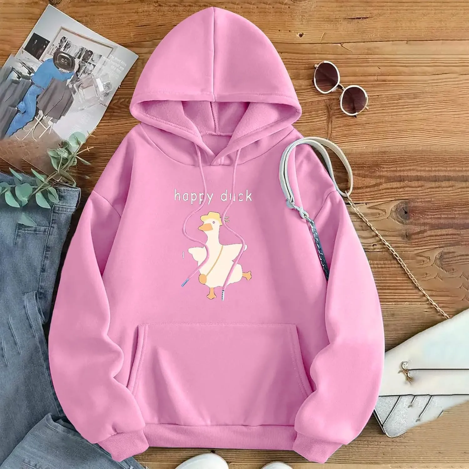 Heevina Hoodies For Women Cute Happy Duck Goose Printed Pockets Loose Hooded Sweatshirts Fall 2024