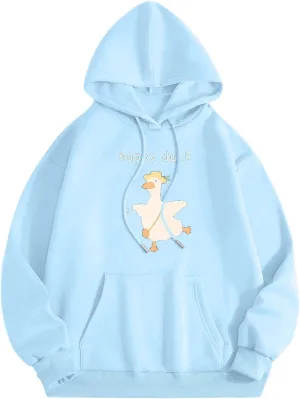 Heevina Hoodies For Women Cute Happy Duck Goose Printed Pockets Loose Hooded Sweatshirts Fall 2024