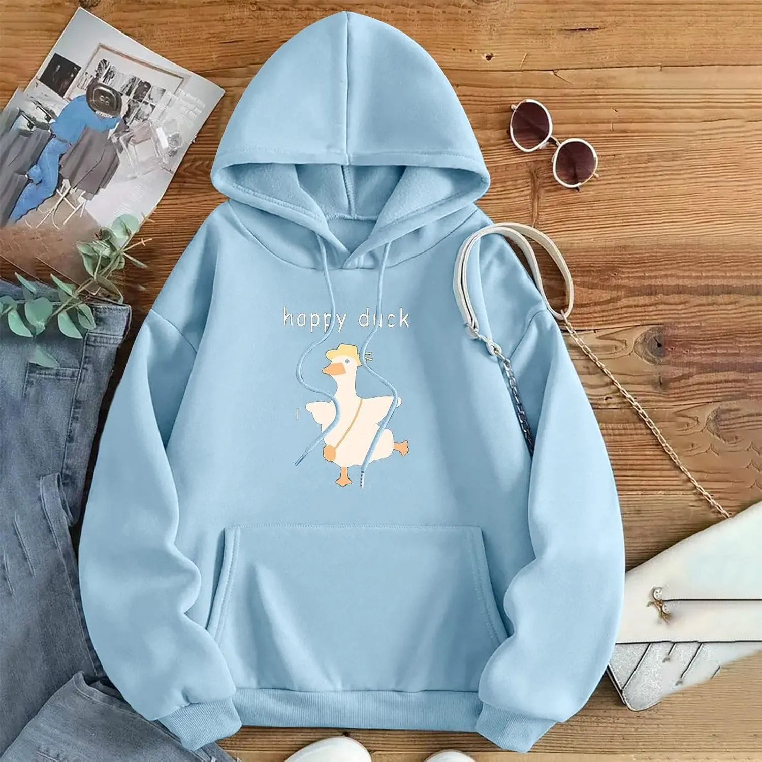 Heevina Hoodies For Women Cute Happy Duck Goose Printed Pockets Loose Hooded Sweatshirts Fall 2024