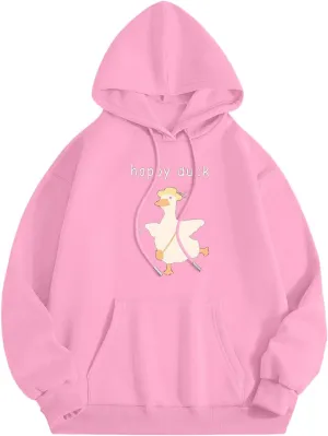 Heevina Hoodies For Women Cute Happy Duck Goose Printed Pockets Loose Hooded Sweatshirts Fall 2024