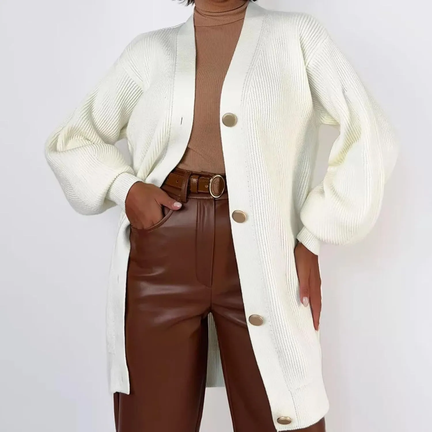 HGps8w Long Cardigans for Women Button Down V Neck Casual Long Sleeve Cozy Chunky Knit Outerwear Jackets