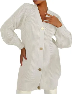 HGps8w Long Cardigans for Women Button Down V Neck Casual Long Sleeve Cozy Chunky Knit Outerwear Jackets