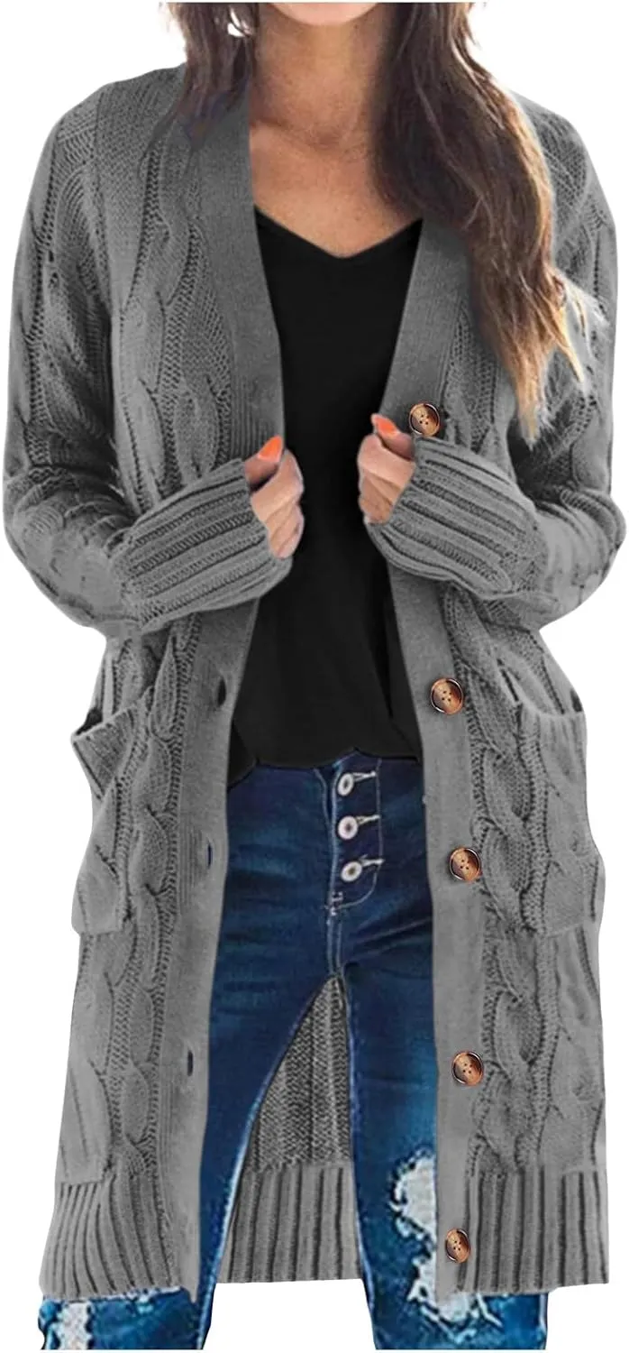 iLH 2024 Fall Chunky Long Cardigan for Women Solid Color Open Front Button down Sweaters Pockets Long Sleeve Outerwear