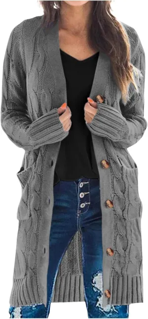 iLH 2024 Fall Chunky Long Cardigan for Women Solid Color Open Front Button down Sweaters Pockets Long Sleeve Outerwear