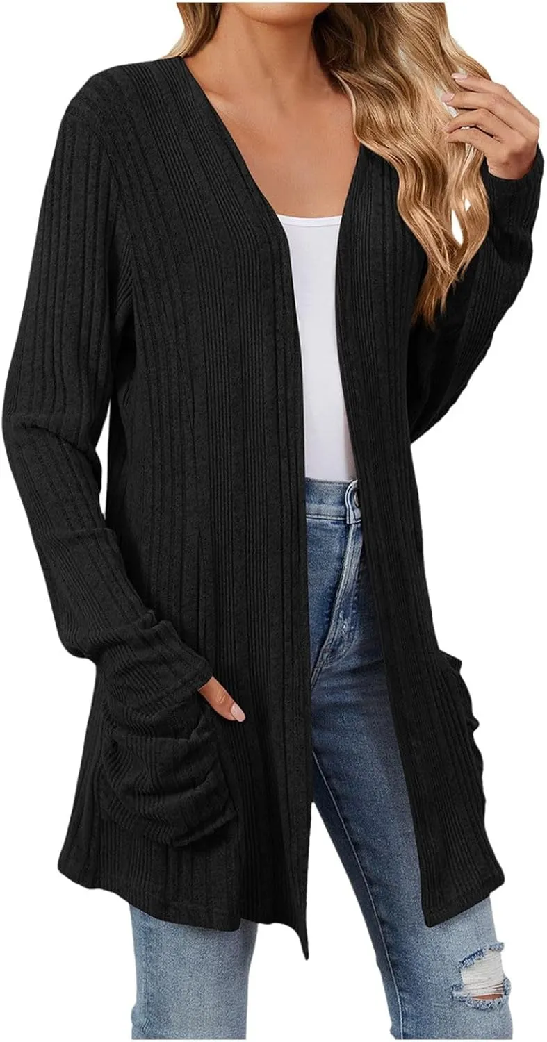 iLH Womens 2024 Autumn Long Sleeve Cardigan Casual Mid Long V Neck Knitted Sweater Cardigans with Pocket Fashion Coat