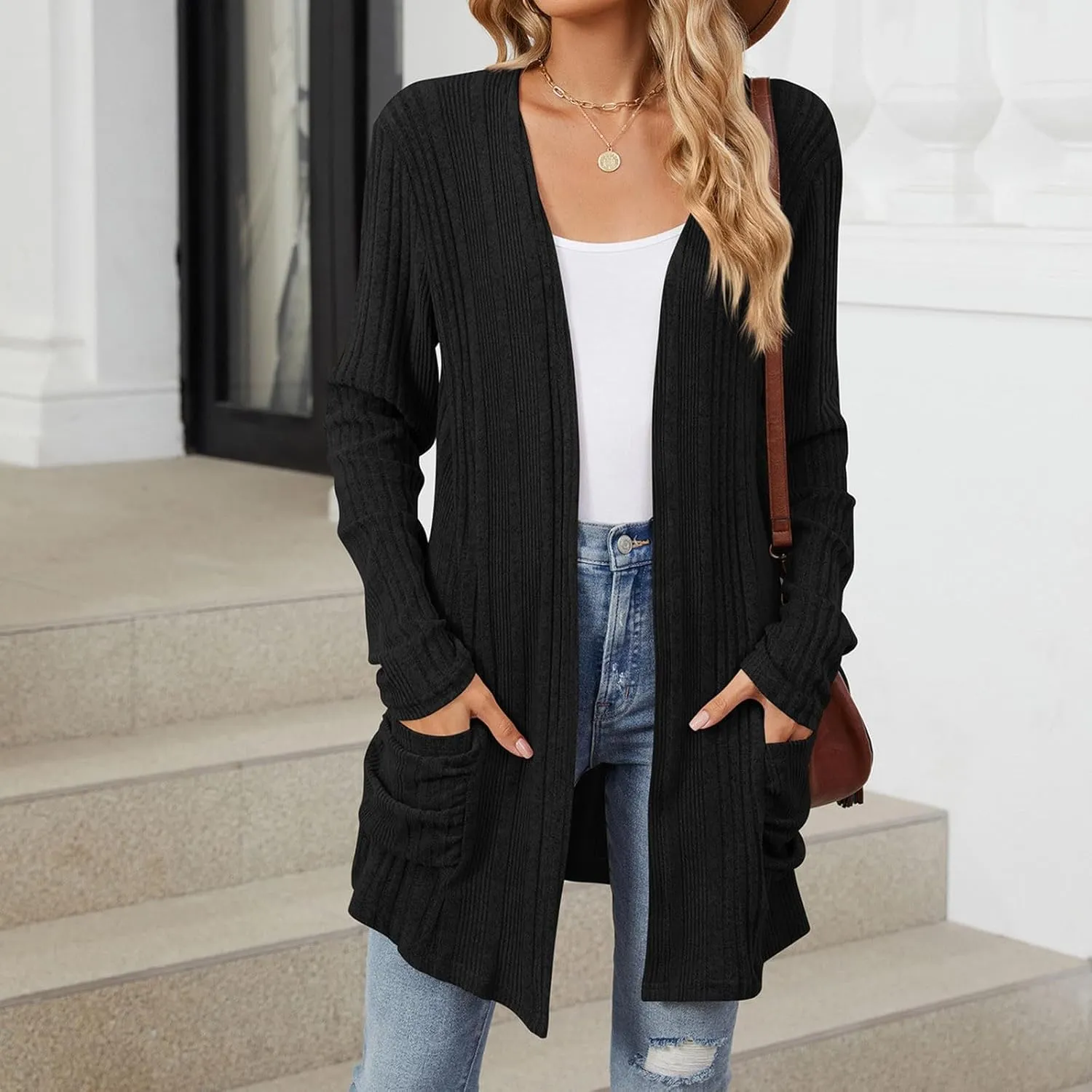iLH Womens 2024 Autumn Long Sleeve Cardigan Casual Mid Long V Neck Knitted Sweater Cardigans with Pocket Fashion Coat
