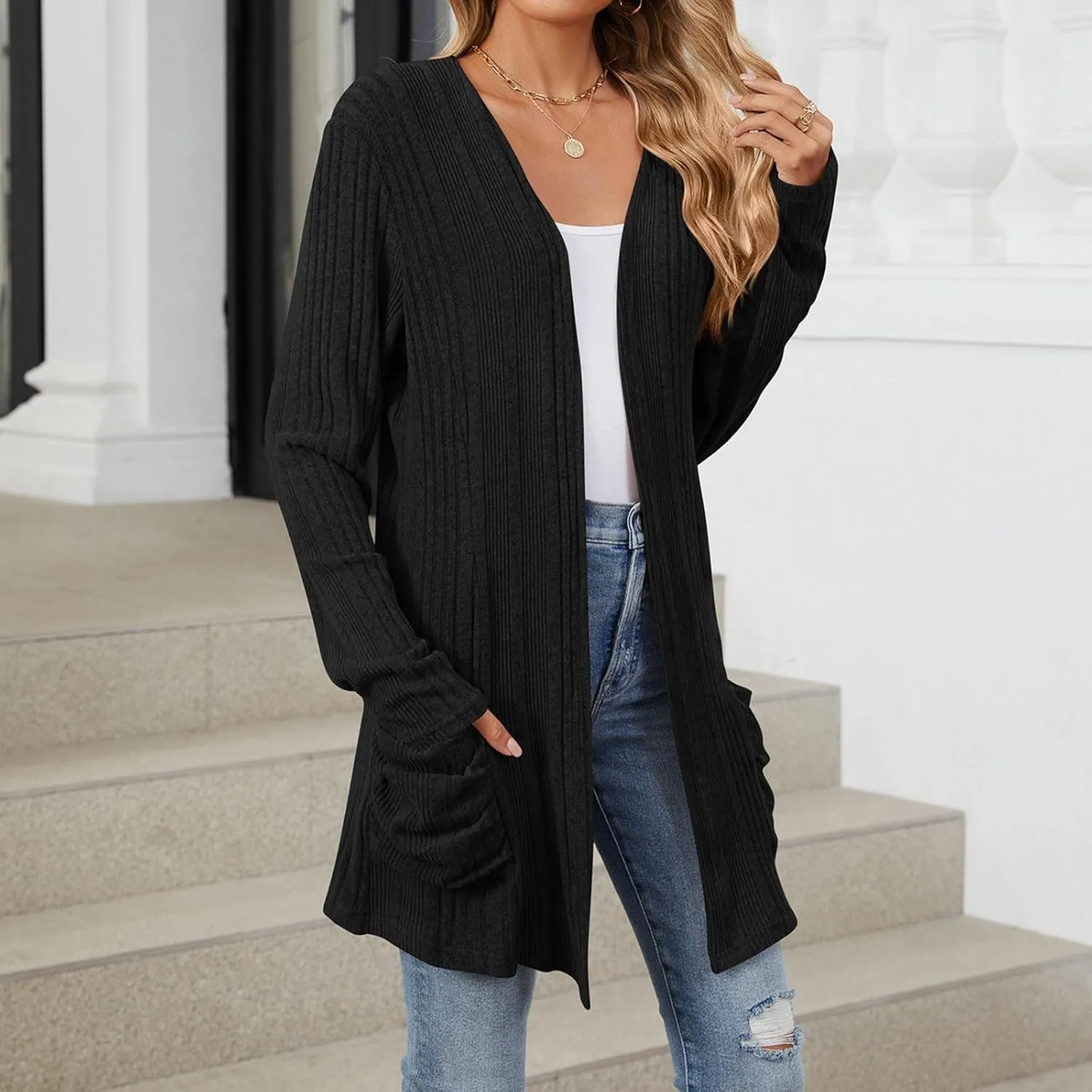 iLH Womens 2024 Autumn Long Sleeve Cardigan Casual Mid Long V Neck Knitted Sweater Cardigans with Pocket Fashion Coat