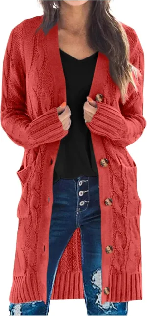 iLH Women's Long Sleeve Knitted Cardigan Fall Winter Chunky Open Front Sweater Button Knitted Long Jacket With Pockets