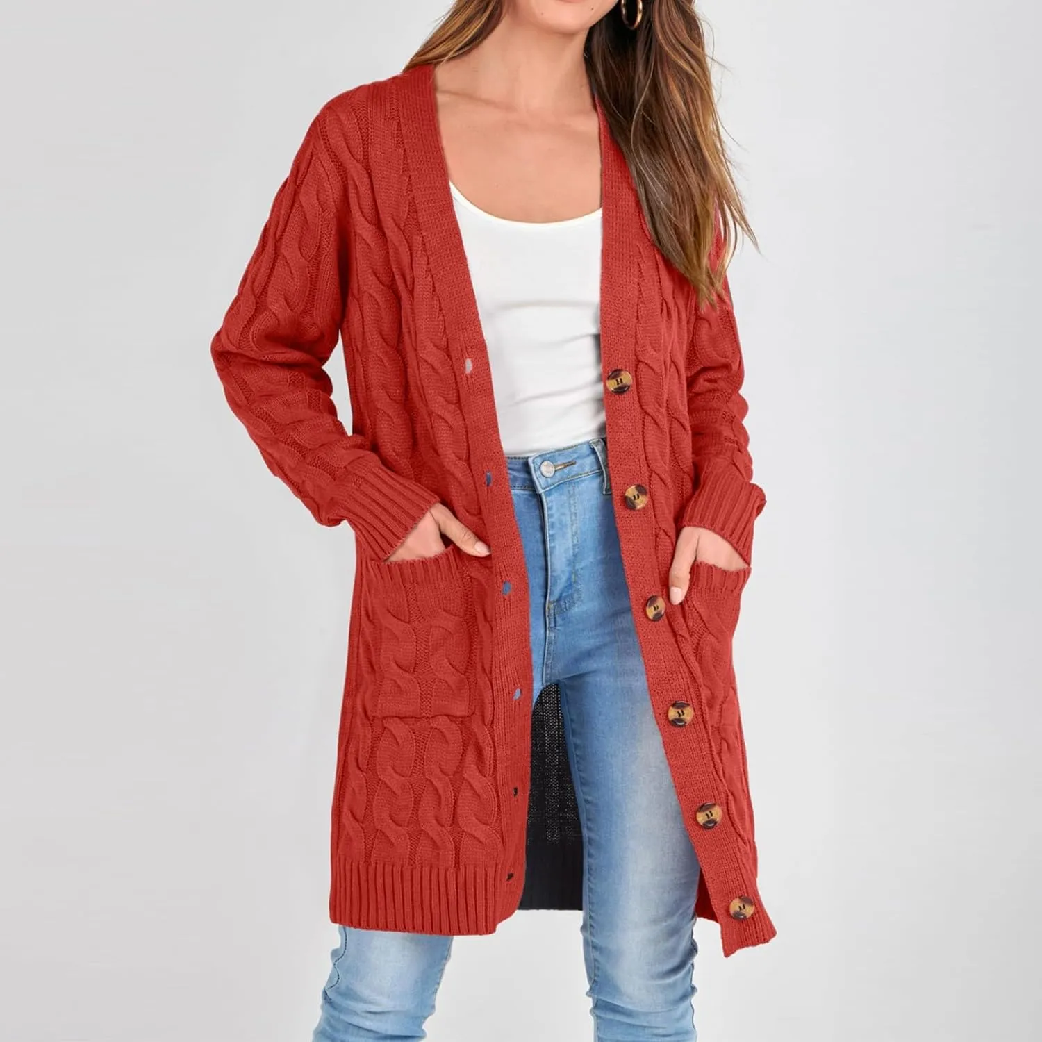iLH Women's Long Sleeve Knitted Cardigan Fall Winter Chunky Open Front Sweater Button Knitted Long Jacket With Pockets