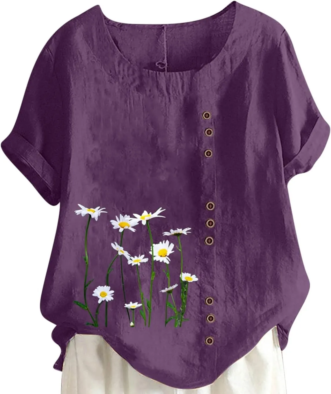 Juniors Tops Short Sleeve Blouses for Women Crew Neck Linen Daisy Floral Loose Fit Long Fall Summer Shirts 2024