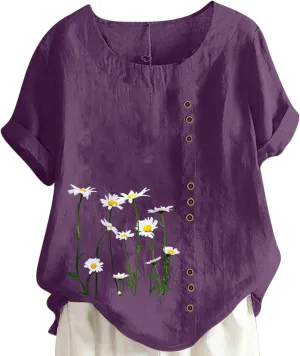 Juniors Tops Short Sleeve Blouses for Women Crew Neck Linen Daisy Floral Loose Fit Long Fall Summer Shirts 2024