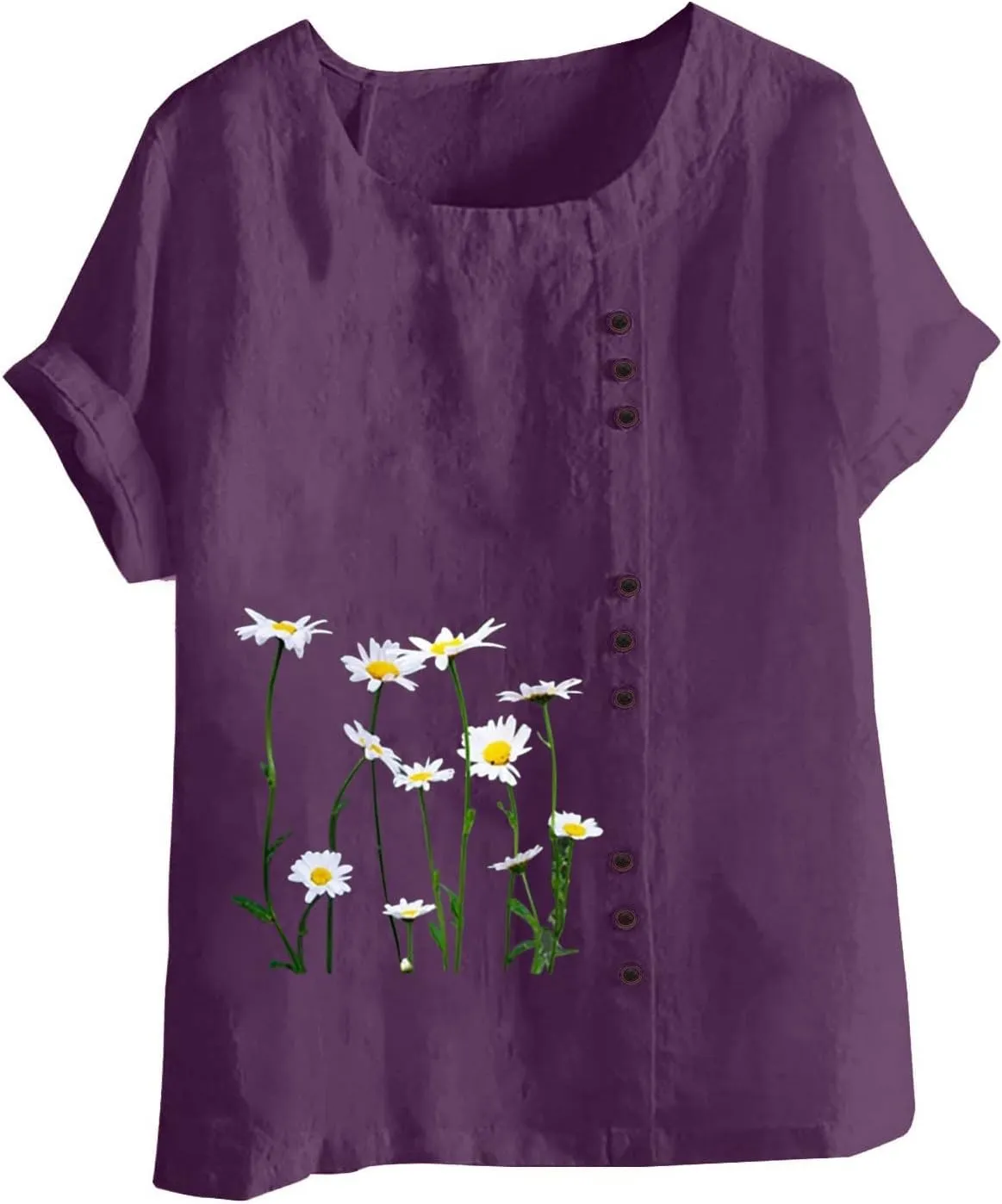 Juniors Tops Short Sleeve Blouses for Women Crew Neck Linen Daisy Floral Loose Fit Long Fall Summer Shirts 2024