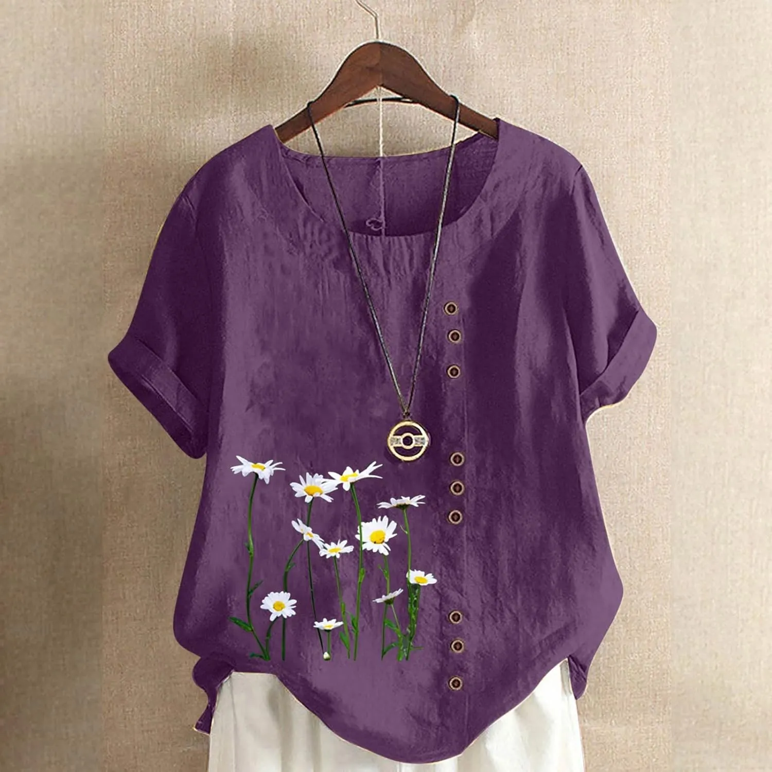 Juniors Tops Short Sleeve Blouses for Women Crew Neck Linen Daisy Floral Loose Fit Long Fall Summer Shirts 2024
