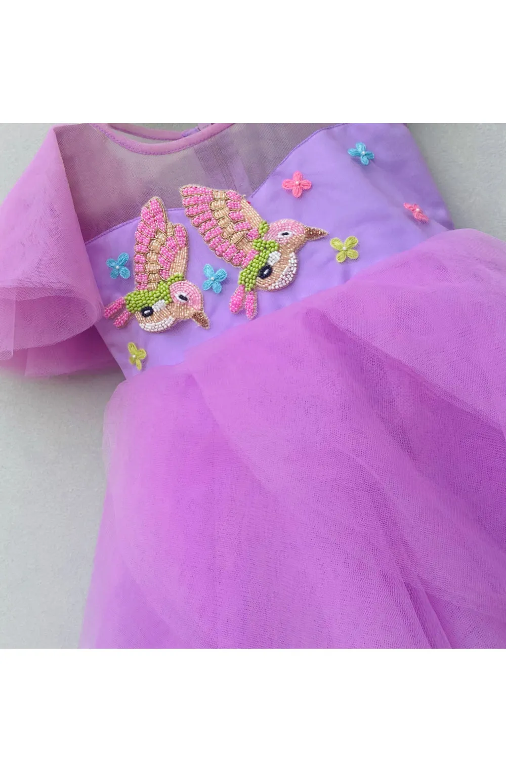 Lavender bird embroidered motif dress