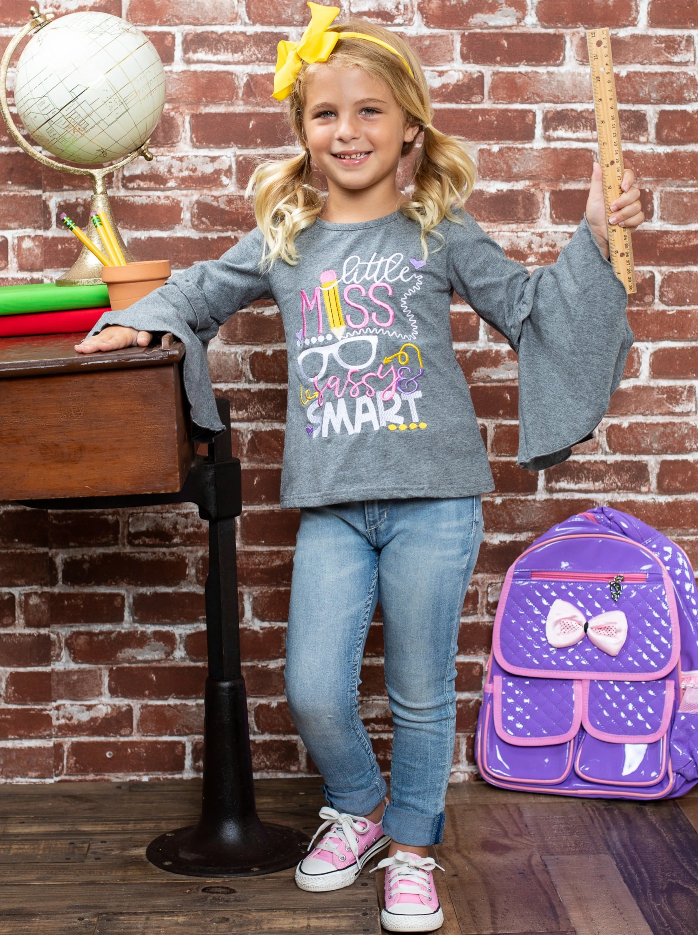 Little Miss Sassy And Smart Ruffled Bell Sleeve Top