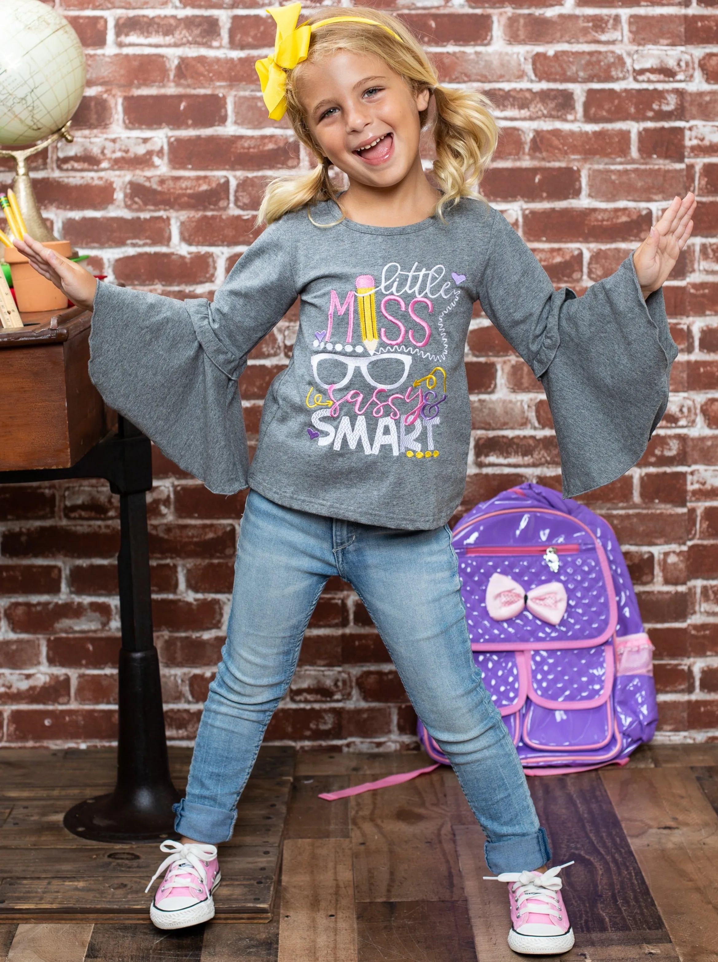 Little Miss Sassy And Smart Ruffled Bell Sleeve Top