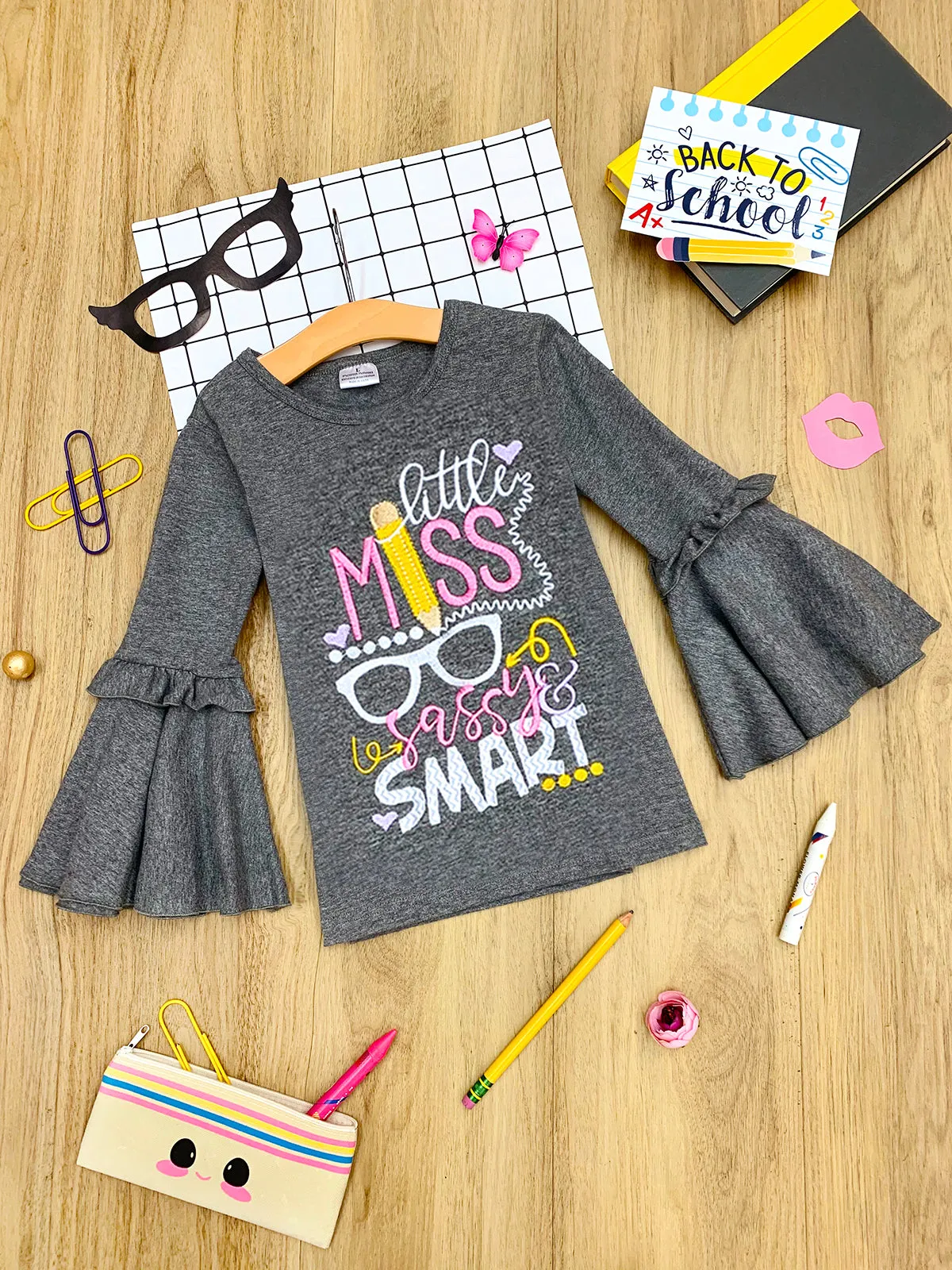 Little Miss Sassy And Smart Ruffled Bell Sleeve Top