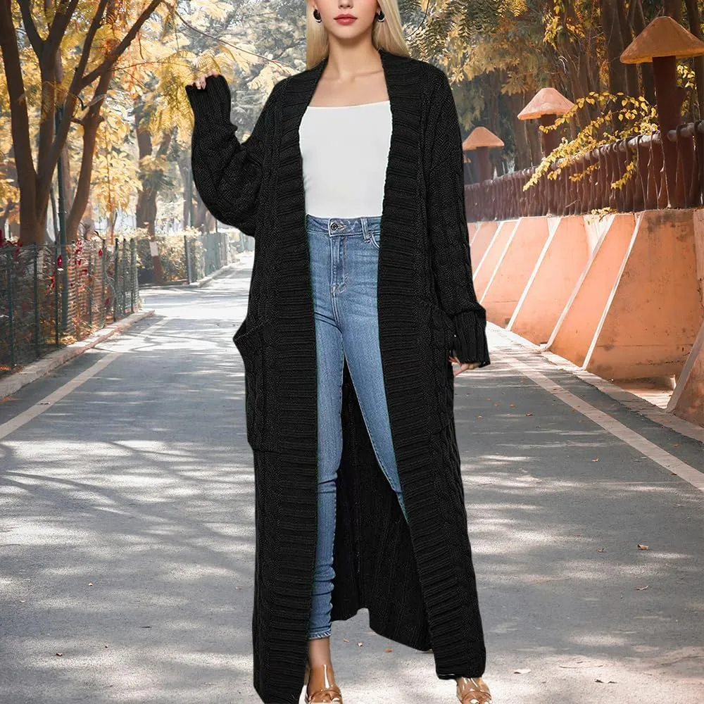 Long Cardigan for Women Fall Open Front Cable Knit Floor Length Cardigans Long Sleeve Duster Cardigans with Pockets
