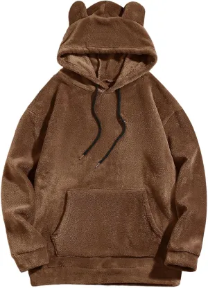 Mens Fuzzy Soft Hoodies Solid Color Homewear Coral Fleece Sweatshirts Winter Warm Funny Bear Ears Pullover Long Sleeve