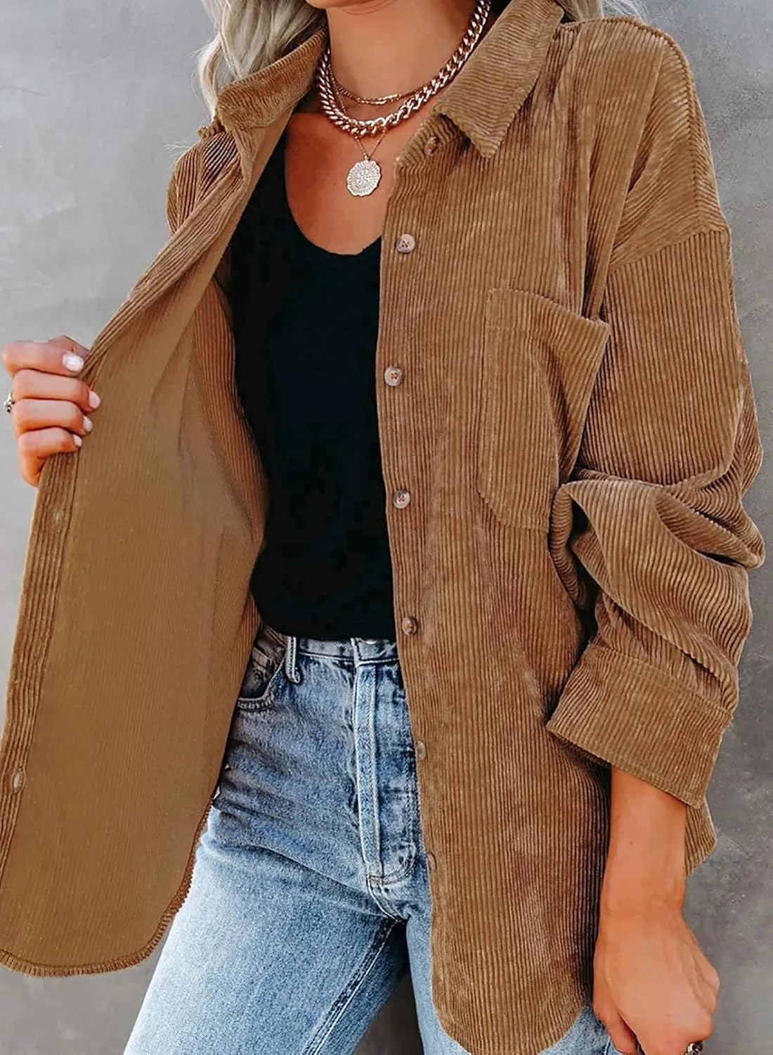 Necooer Womens Corduroy Shirts Button Down Long Sleeve Blouses Boyfriend Tops Oversized Jacket