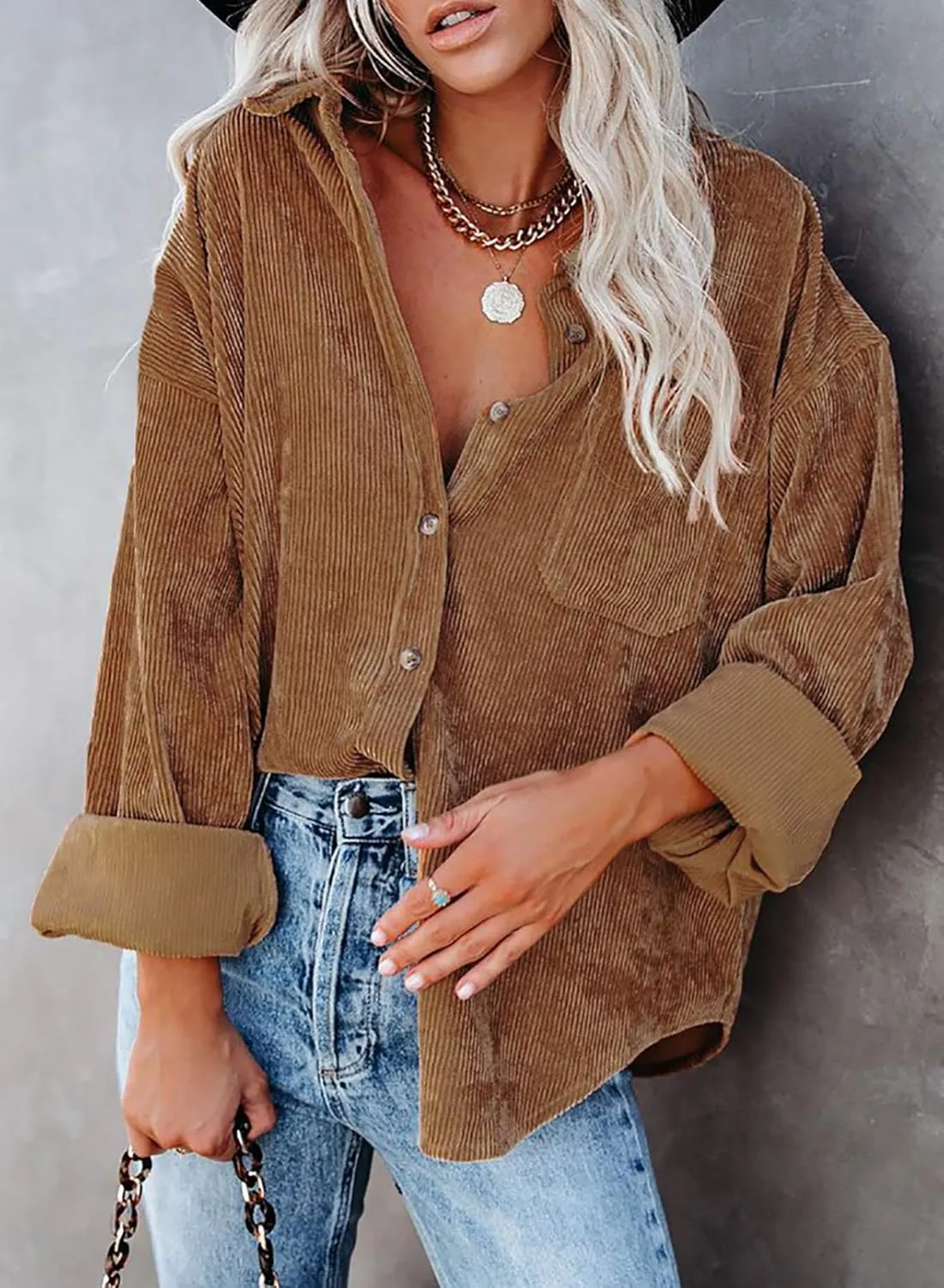 Necooer Womens Corduroy Shirts Button Down Long Sleeve Blouses Boyfriend Tops Oversized Jacket