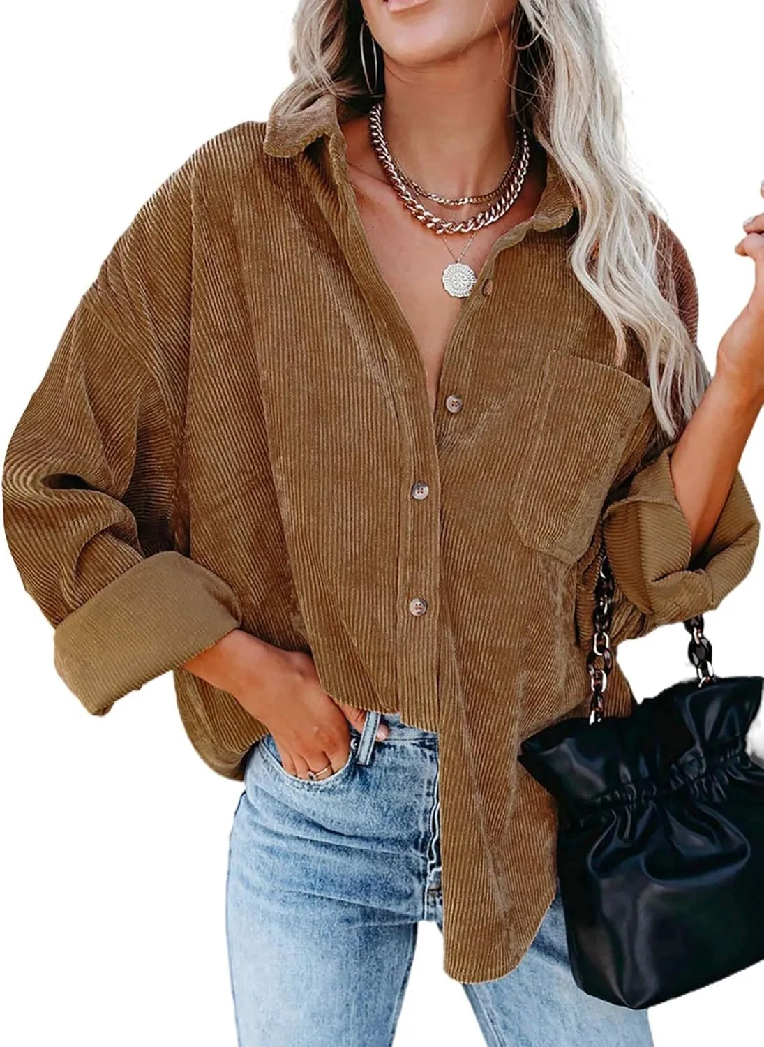 Necooer Womens Corduroy Shirts Button Down Long Sleeve Blouses Boyfriend Tops Oversized Jacket