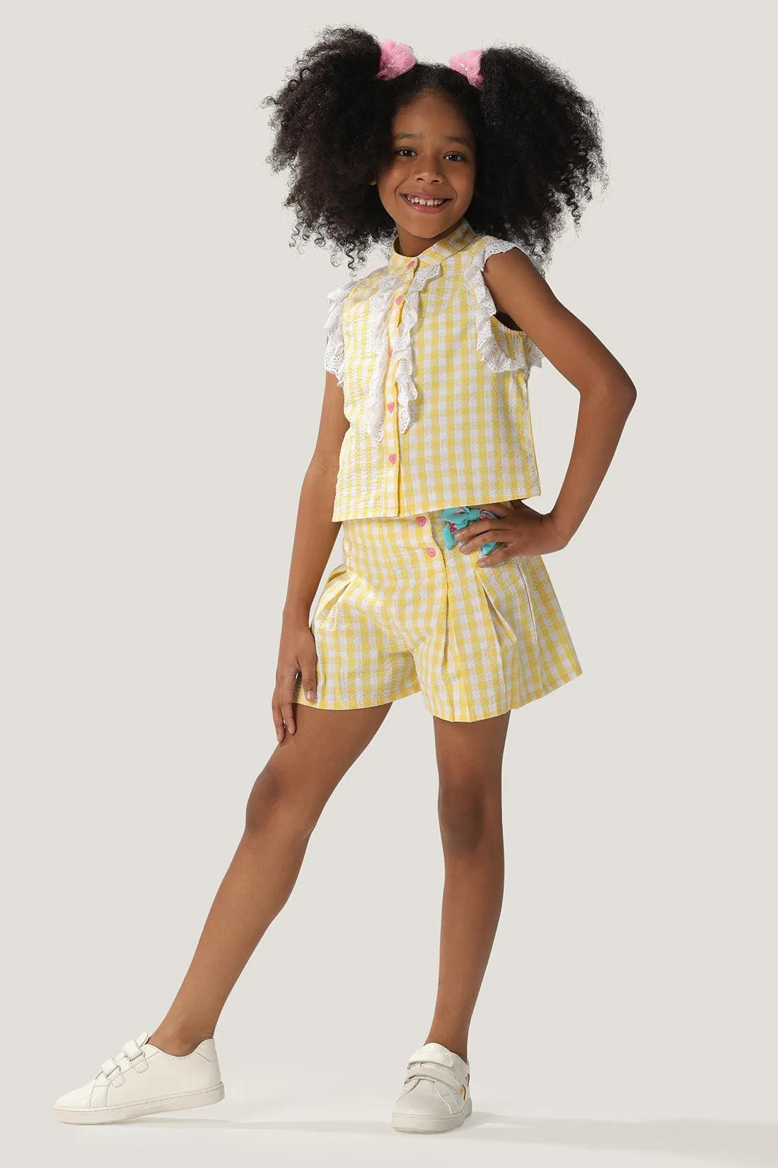 One Friday Girls Cotton Yellow Checkered Top
