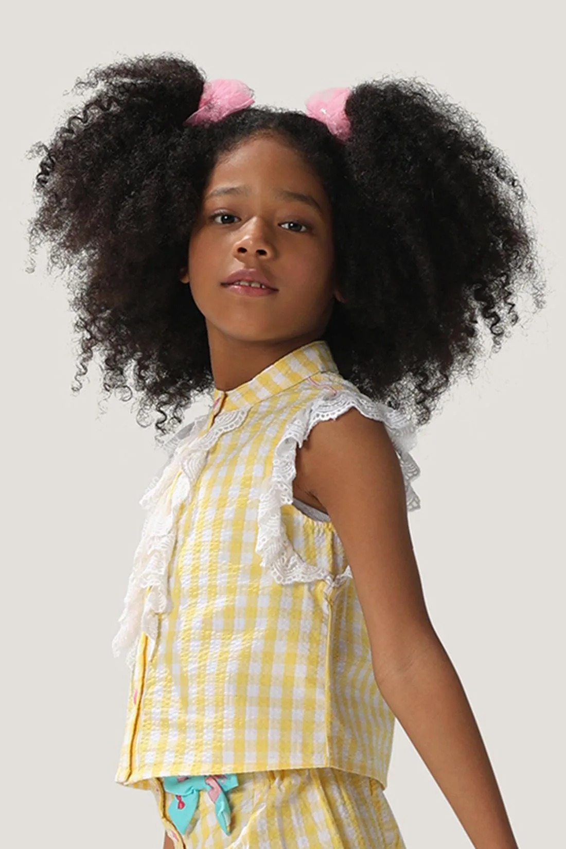 One Friday Girls Cotton Yellow Checkered Top