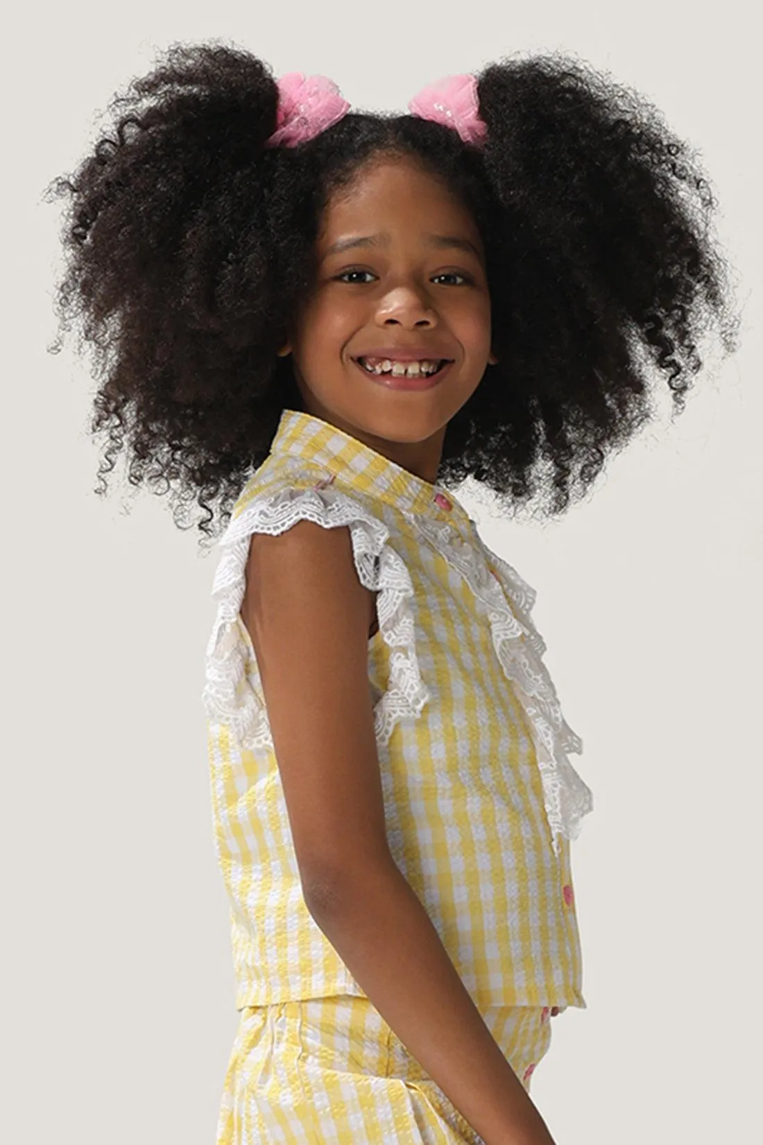 One Friday Girls Cotton Yellow Checkered Top
