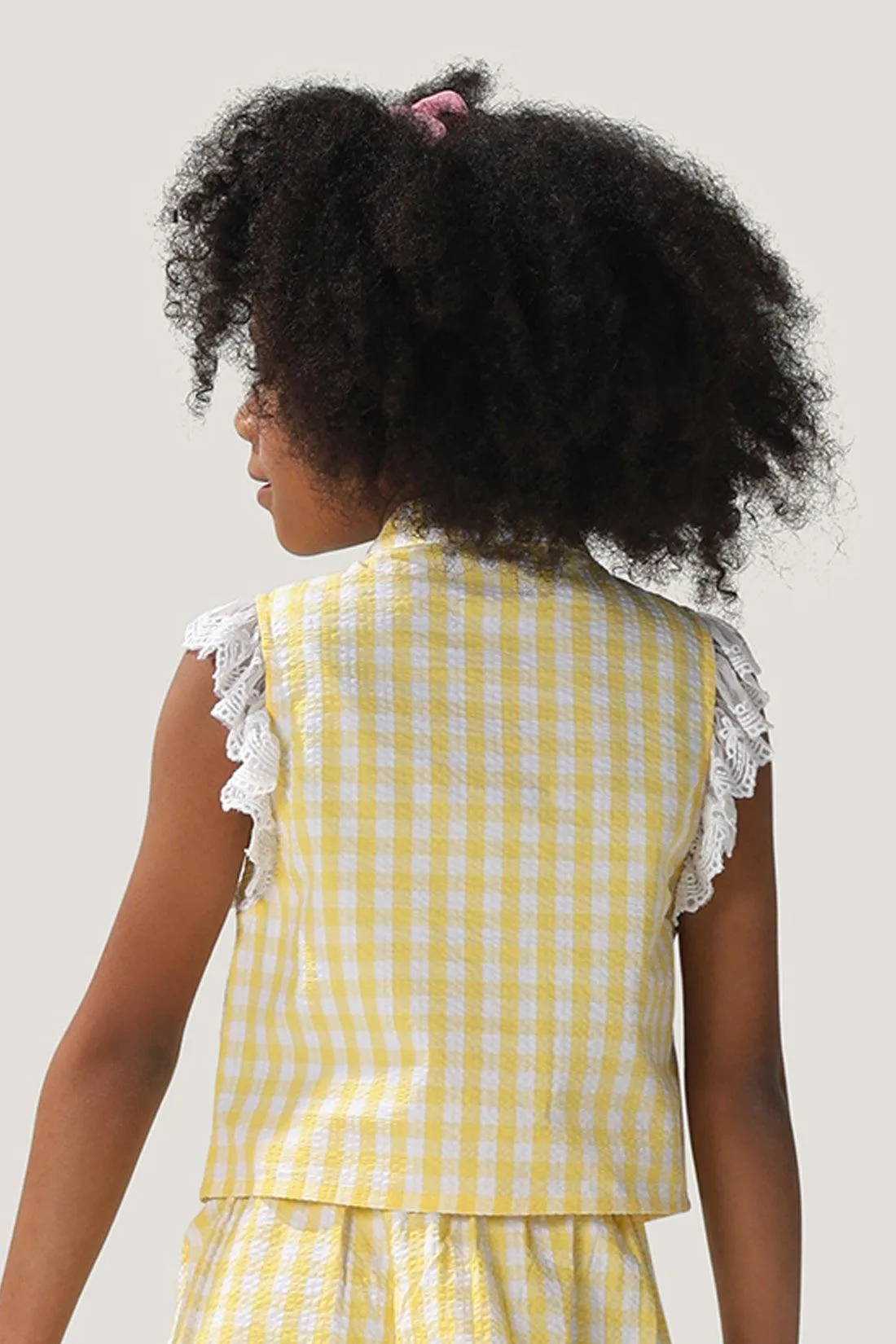 One Friday Girls Cotton Yellow Checkered Top