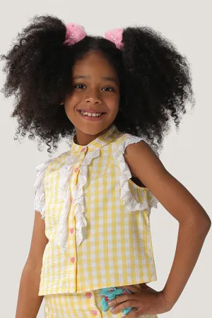 One Friday Girls Cotton Yellow Checkered Top