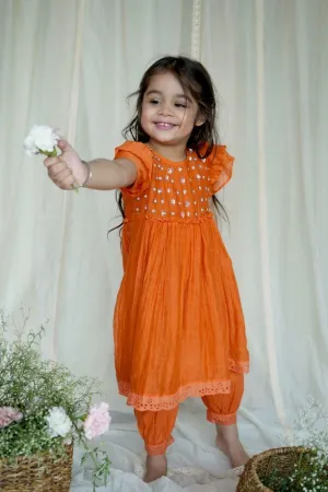 Orange Zinnia Chanderi Frock Style kurta Set For Girls