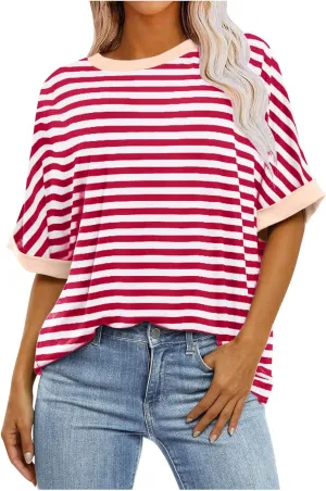 Oversized T Shirts for Women Short Sleeve Crewneck Summer Tops Casual Loose Striped Tee Shirts Trendy Clothes