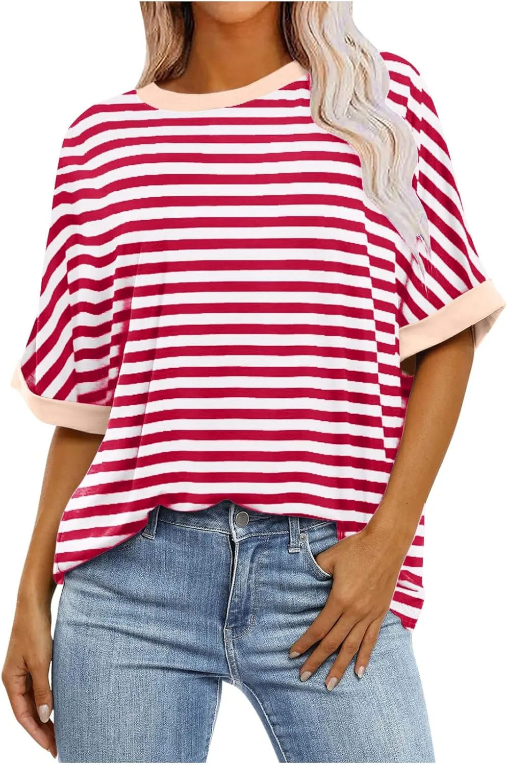 Oversized T Shirts for Women Short Sleeve Crewneck Summer Tops Casual Loose Striped Tee Shirts Trendy Clothes