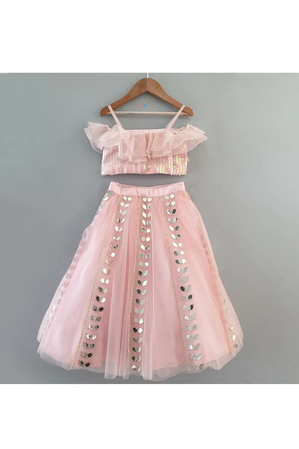 Pink Sequins Embroidered Off Shoulder Top With Lehenga Set