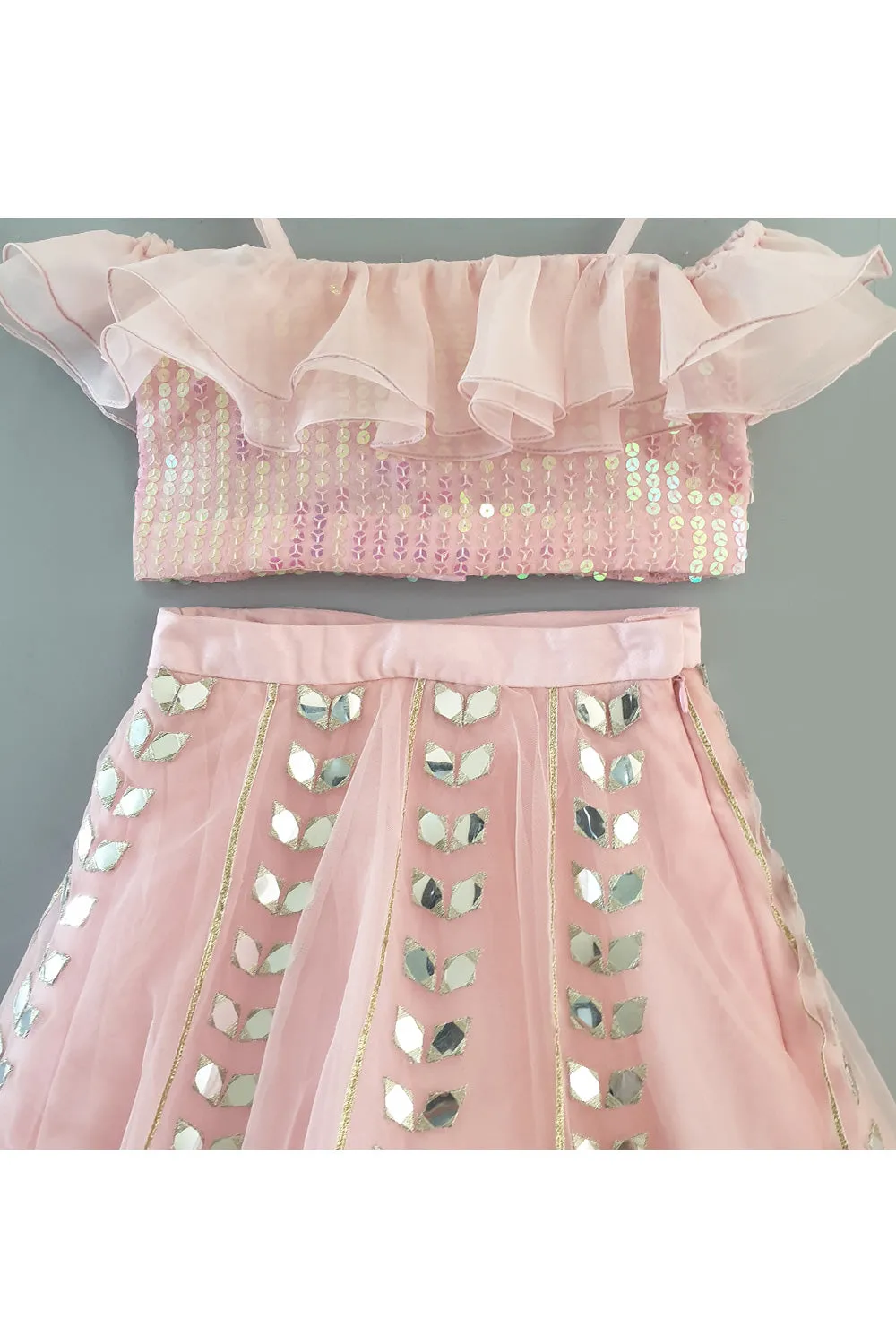 Pink Sequins Embroidered Off Shoulder Top With Lehenga Set