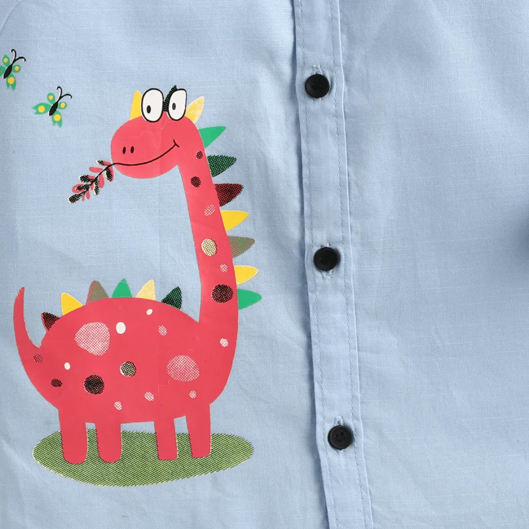 Polka Tots Full Sleeves Red Dinosaur Print Shirt - Blue