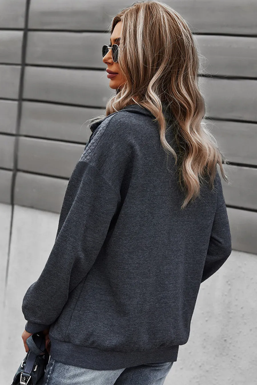 Quilted Zip Up Pullover - Charcoal