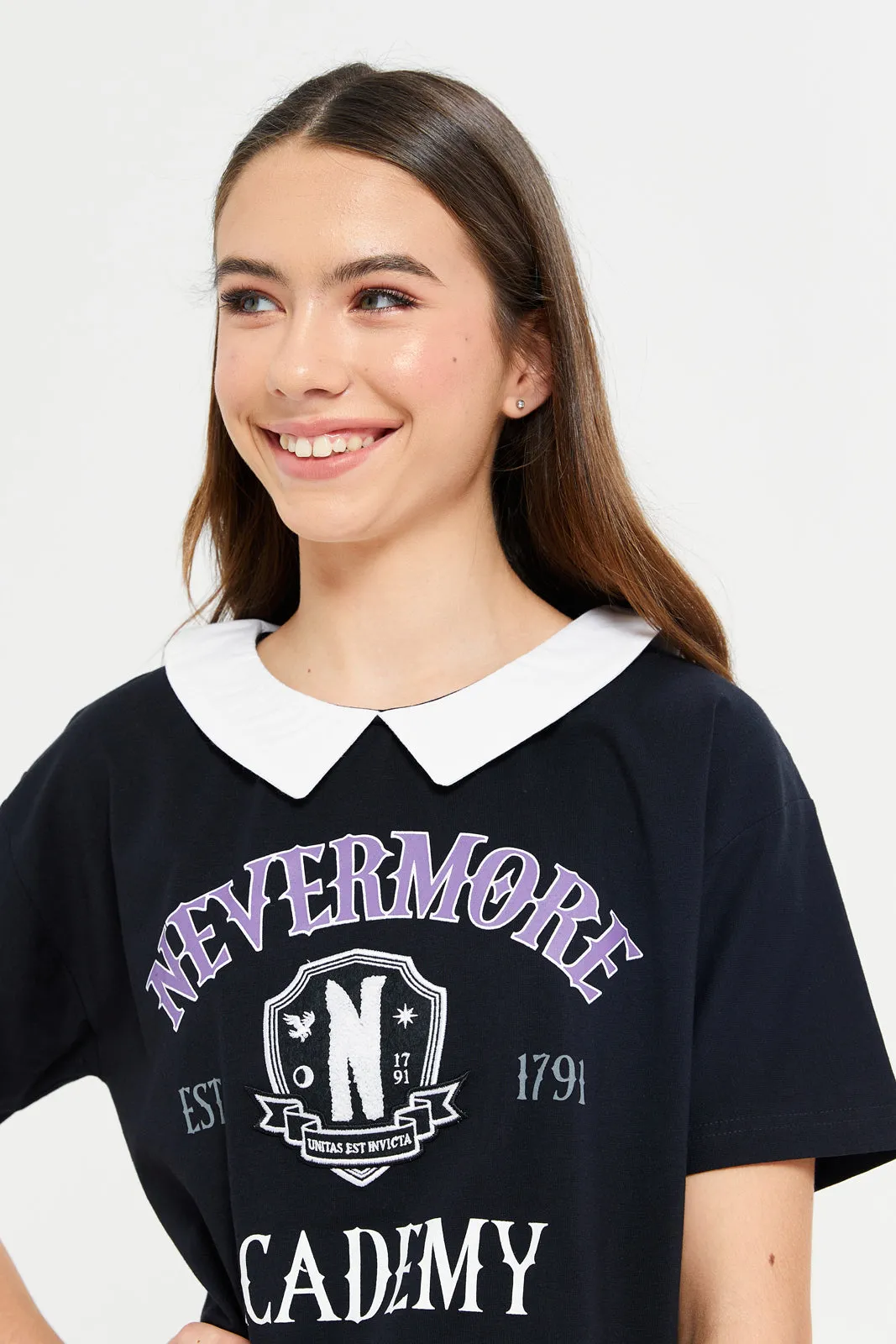 Senior Girls Black Wednesday Print Collared Top