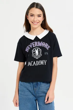 Senior Girls Black Wednesday Print Collared Top